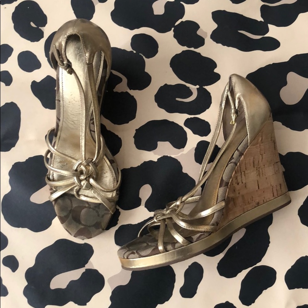 Coach Wedge sandal heels - cork and gold with monogram on sole